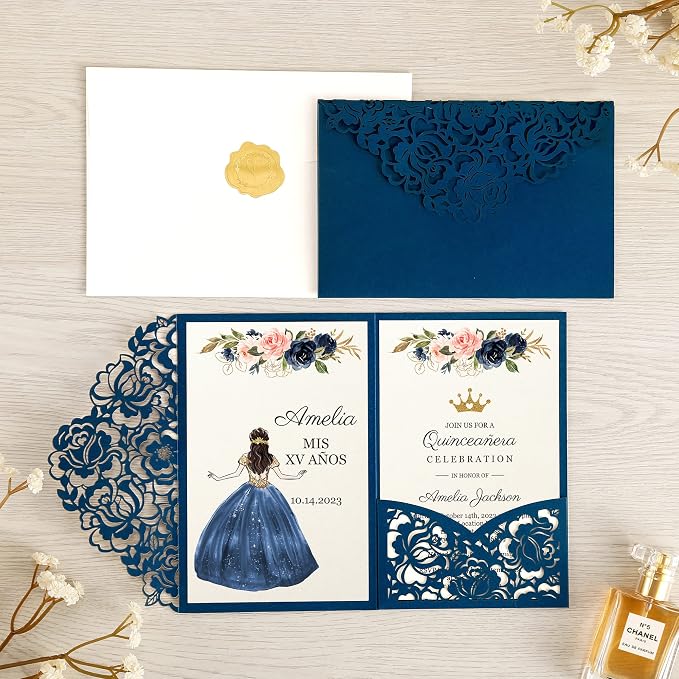 DORIS HOME 50Pcs Personalized Laser Cut Quinceanera Invitations, Blue | 4.7"x7.1", Customized Quince Invitations, For 15th Birthday, Sweet 16, With Envelopes
