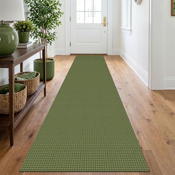 IOHOUZE Washable Runner Rug 2x10 Non Slip Rubber Backed Long Hallway Runner Entryway Runner Indoor, Kitchen Rugs Woven Cotton Floor Carpet for Hall Entrance, Olive Green/Earthy Green
