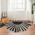 Easy Jute Sun Rug 2.6x5Ft Half Circle Sunshine Doormat Neutral Faux Jute Indoor Outdoor Carpet for Farmhouse Bedroom Entrance Balcony Kitchen Laundry Room, Nonslip, Half Round, Black/Blue 4