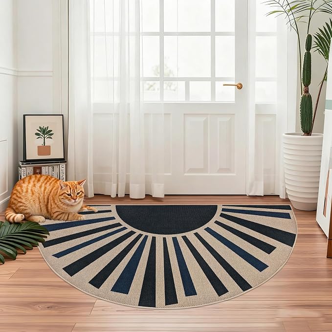 Easy Jute Sun Rug 2.6x5Ft Half Circle Sunshine Doormat Neutral Faux Jute Indoor Outdoor Carpet for Farmhouse Bedroom Entrance Balcony Kitchen Laundry Room, Nonslip, Half Round, Black/Blue 4