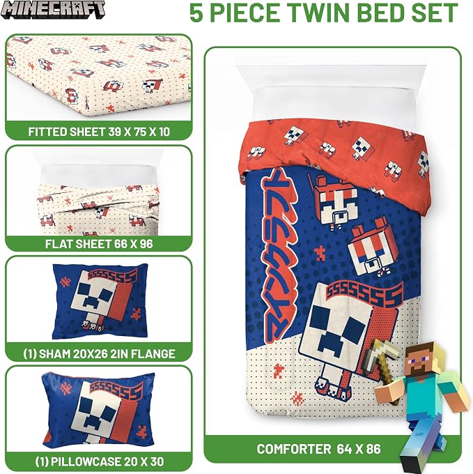 Minecraft Creeper Twin Comforter Set 5 Piece Soft Kids Bedding, Blue | Oishi Market, Bed in a Bag, Comforter Sheets Sham Pillowcase, Official Product, Soft Microfiber, Machine Washable, Kids Gift