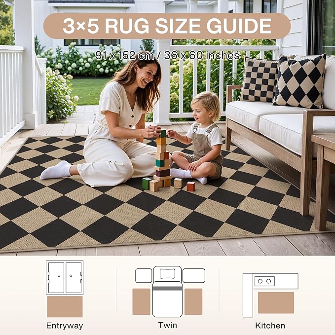 Tribesigns 3x5 Black Checkered Easy Jute Outdoor Patio Rugs for Porch | Washable, Non-Slip Diamond Rug for Front Door, Kitchen, Backyard, Entryway and Indoor Outdoor Spaces, Includes 4 Rug Grippers