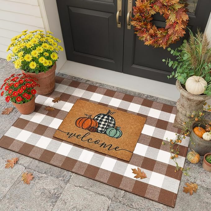 Uphome Bufflo Plaid Outdoor Rug 3'x5', Fall Decor Checkered Front Door Mat, Indoor Outdoor Farmhouse Cotton Porch Rug for Layered Door Mats, Washable Brown Area Rugs for Patio Entryway Kitchen
