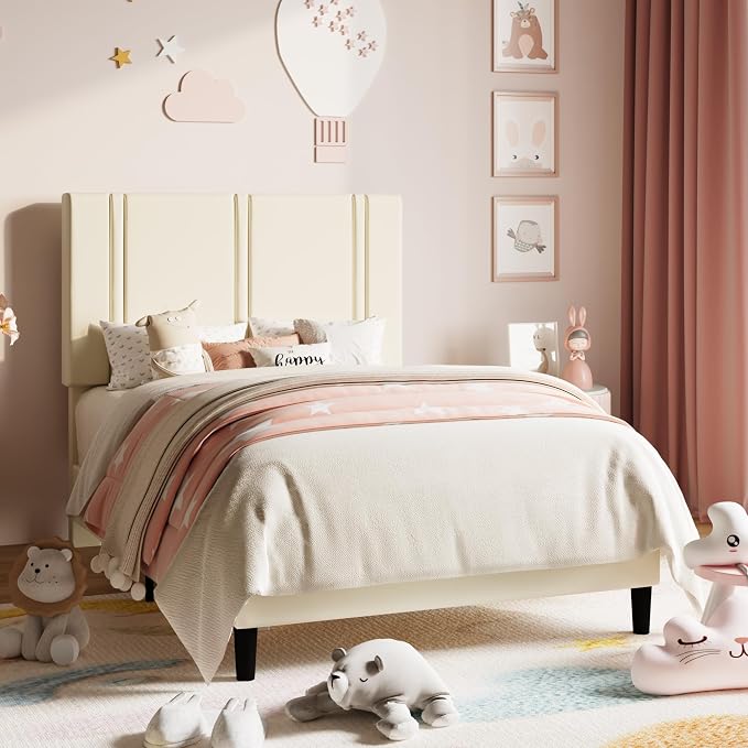 Allewie Twin Size Platform Bed Frame with Adjustable Headboard | Plush Velvet Upholstered, Vertical Channel Tufted, Sturdy Wood Slats, No Box Spring Needed, Easy Assembly, Cream
