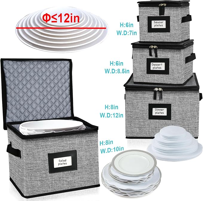 5 PACK China Storage Containers-Quilted Mug Storage and Moving Boxes for Dishes,Dish Packing Supplies for Moving,Dinnerware &Accessories,Holds a total of 48 plates (4 sizes) and 12 cups(Grey) | Holds 48 Plates (4 sizes) and 12 Cups,Dish Packing Supplie...