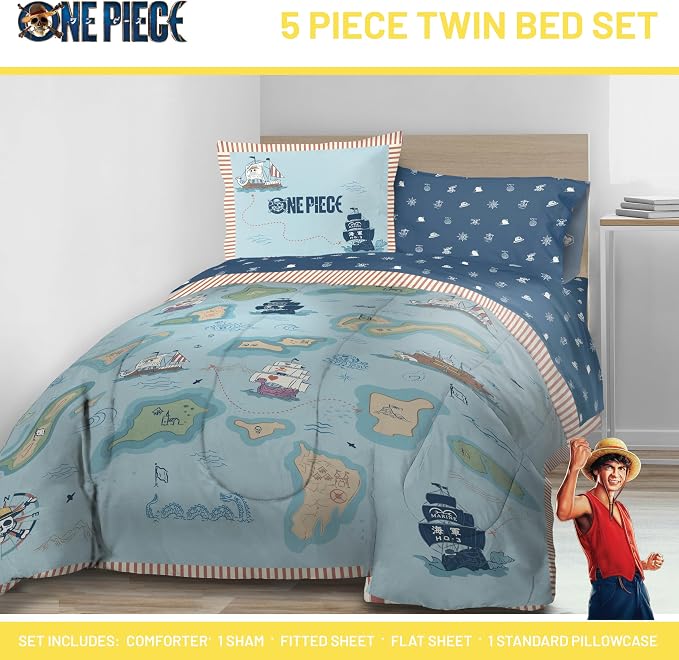 One Piece Luffy Twin Comforter Set 5 Piece Soft Anime Bedding, Multi | Bed in a Bag, Comforter Sheets Sham Pillowcase, Official Product, Soft Microfiber, Machine Washable Easy Care, Gift for Fans