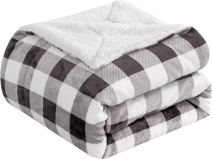 Elegant Comfort Luxury Ultra-Plush Velvet Touch Buffalo Plaid Fleece Throw - Soft, Warm, Cozy Micromink Sherpa-Backing Reversible Blanket for Bed, Sofa and Couch, Buffalo Gray
