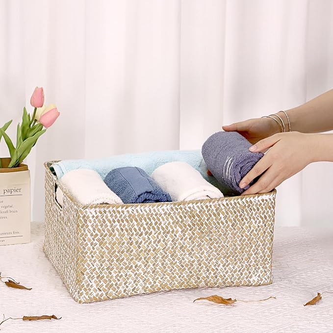 Hipiwe Wicker Storage Basket Bin X-Large Rectangular Opened Baskets Box | Handwoven Seagrass Basket Box with Handle for Shelf Organizing Closet Bathroom, 15.7" L x 11.8" W x 7.5" H