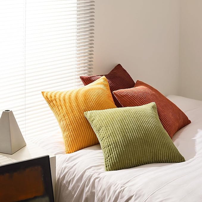 Topfinel Fall Burnt Orange Decorative Throw Pillows Covers 18x18 Inch Set of 4,Yellow Green Gradient Series Corduroy Striped Square Pillow Case,Western Modern Cushion Cover for Couch Sofa Bedroom