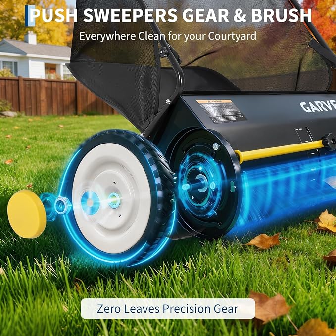 PeakPursuit Heavy-Duty Push Lawn Sweeper 26 Inch - 4 Spinning Brushes, 7Ft³ Large Capacity Collection Bag, Adjustable Height for Grass, Leaves & Debris On All Terrains