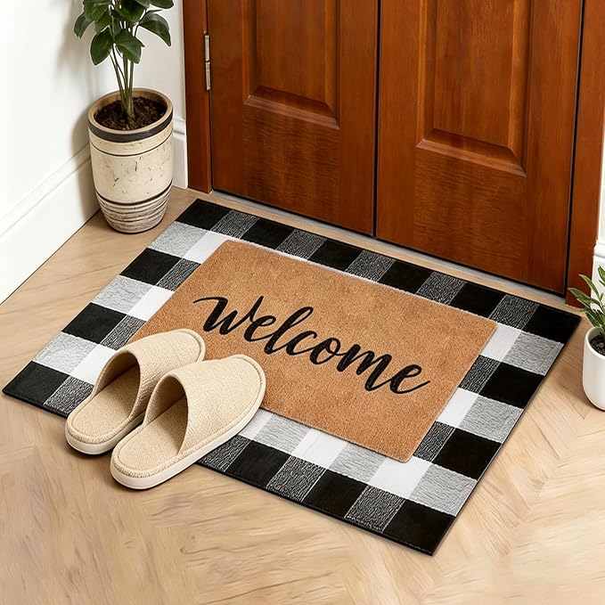 2 Pcs Home Decor Door Mat Combo Set, Coir Welcome Mat & 27.5 x 43 Inches Black and White Plaid Rug,Layered Buffalo Plaid Mat for Front Porch Entryway, Indoor Outdoor Welcome Mats