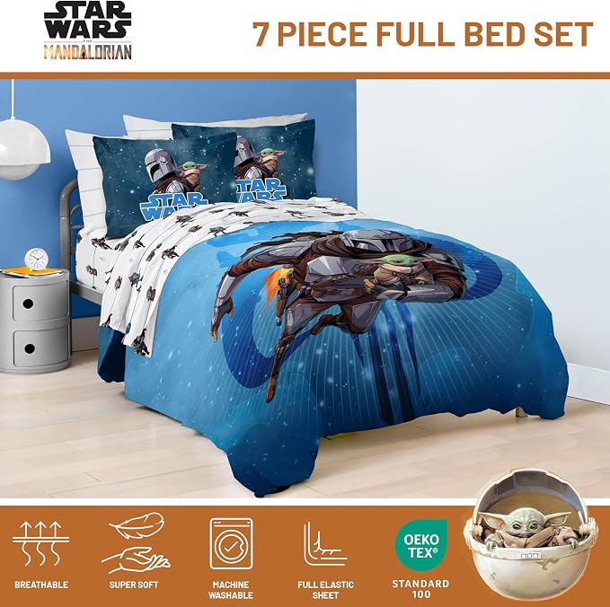Jay Franco Kids Bed Set, Blue, The Mandalorian, 7 Piece Full | Cozy Soft Bedding for Stylish Room Décor with Comforter, Sheets & Pillow Covers