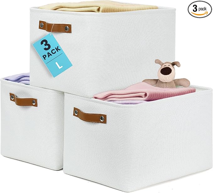 OrganiHaus 15x11in Canvas Storage Baskets 3 Pack - Fabric Bins for Shelves | Vegan leather handles; a decorative closet organizer for clothes, shoes, or toys; bedroom container