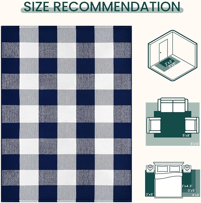 KOZYFLY Buffalo Plaid Area Rugs 2.3x3.6 Ft Blue and White Rug Washable Front Door Mat Woven Cotton Indoor Outdoor Rug for Front Porch Kitchen Entryway Patio Farmhouse Checkered Doormat