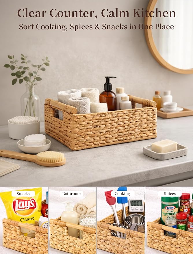Wicker Basket, Large Basket for Gift Baskets Empty, 15.4x11x6.3in | Water Hyacinth Woven Basket for Organizing, Rectangular Basket with Wooden Handles for Shelves, Snacks, Toys, Books, Laundry