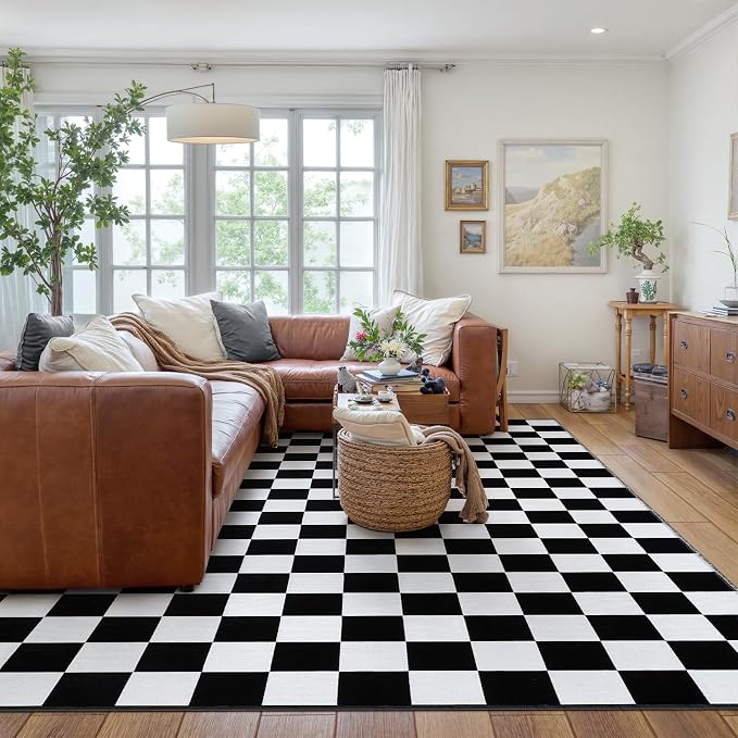 Seavish Checkered Rug 8x10 Black and White Area Rugs for Living Room | Large Low-Pile Bedroom Rugs Modern Cotton Woven Checkerboard Rug Washable Neutral Rug for Dining Room Nursery Office