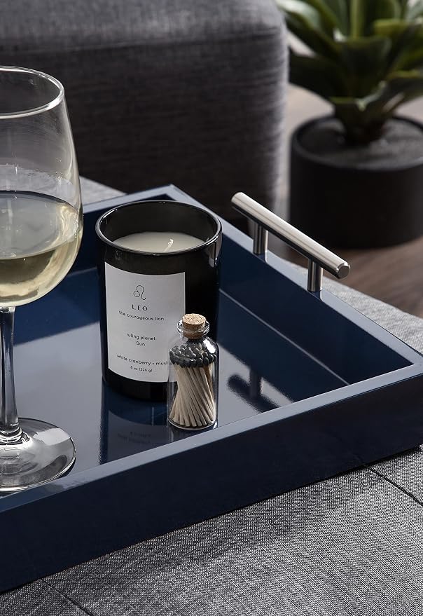 Kate and Laurel Lipton Modern Rectangular Tray, 16 x 12.25, Navy Blue and Silver, Decorative Accent Tray for Storage and Display
