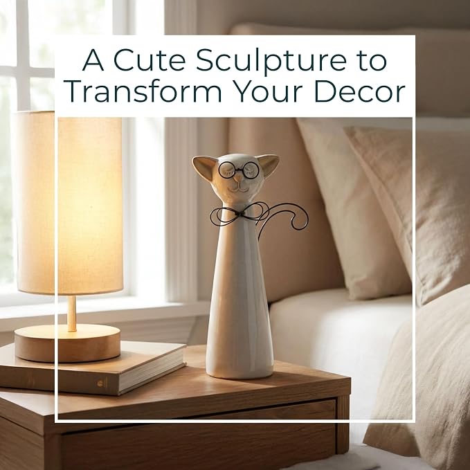 Decorative Ceramic Cat with Glasses Figurine for Home Decor - Ornaments Accent for Bathroom, Office Desk, and Shelf Display - Statue for Living Room and Coffee Table Styling - 8", White