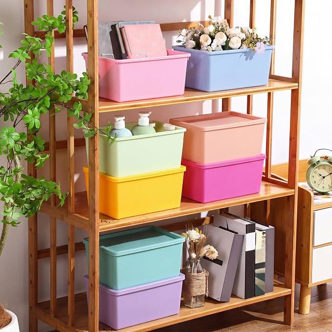 Menkxi 8 Pcs Storage Bins with Lids Small Plastic Storage Containers Stackable Storing Baskets Box Cute Organizer Bins for Organizing Shelves (Mixed Color)
