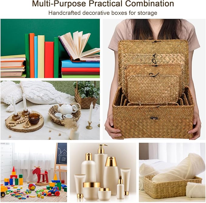 Woanger Set of 4 Wicker Baskets with Lids, Nautral Seagrass Storage Baskets, Woven Rectangular Basket Bins, Rattan Storage Organizer for Shelf Closet Bedroom(Orange)