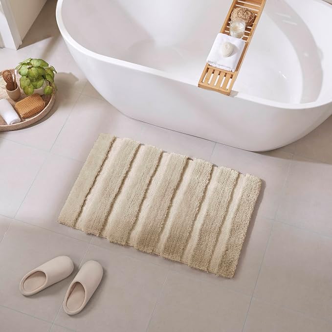 Madison Park Tufted Pearl Channel Absorbent Bathroom Rugs Non Slip Washable Bath Mat Shaggy Rugs For Bathroom Bedroom Plush Thick Soft Machine Wash Rubber Back Wheat 21x34" 1 piece