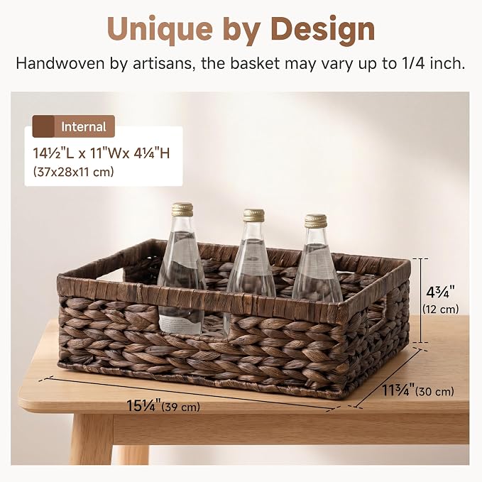 StorageWorks Large Wicker Storage Baskets for Shelves,Brown Baskets,1-Pack | Water Hyacinth Basket,Dark Brown Wicker Basket for Organizing,Pantry Organizers and Storage,Pantry Baskets,15¼" x 11¾" x 4¾"
