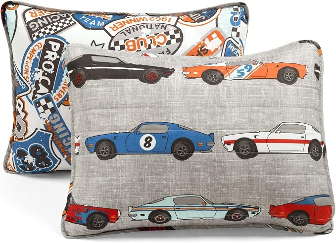Lush Decor Race Car Kids' 5-Piece Oversized Quilt Bed Set, Reversible Bedding Set for Boys, Blue & Orange, Twin