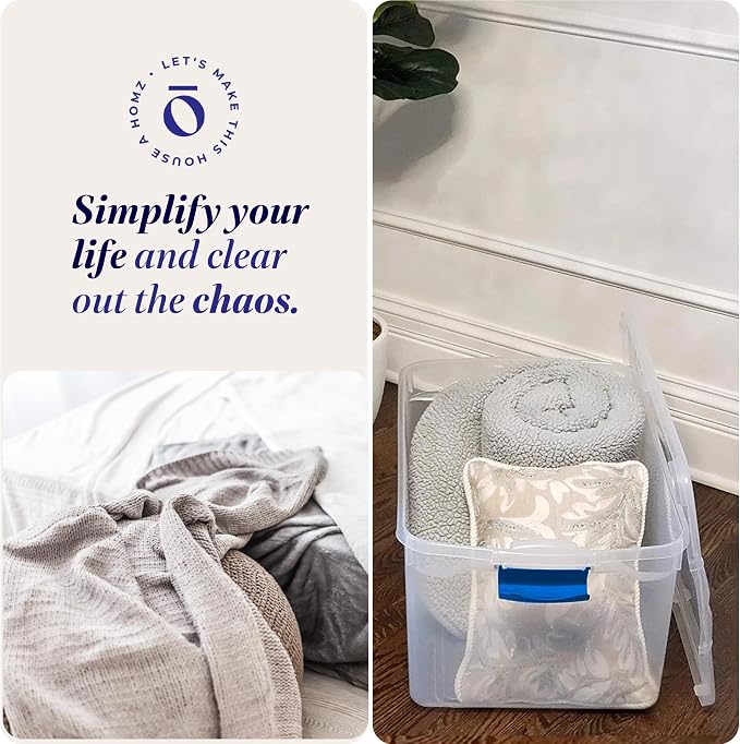 HOMZ 66 Quart Secure Seal Latch Clear Plastic Bin | Stackable & Nestable | Easy Grip Latching Handles | Home, Office, Dorm Room Organization | Blue Handles, 2 Pack | Large Stackable Container Boxes for Homes, Bathrooms, Garages, and Office Organization