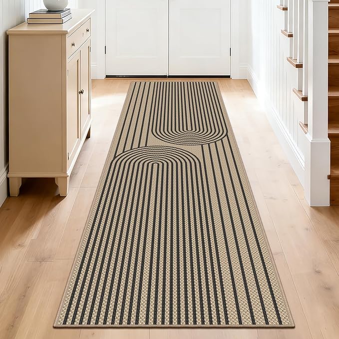 Faux Jute Hallway Runner Rug, 2' x 8' Kitchen Runner, Black Farmhouse Ultra-Thin Washable Non-Slip Carpet Runner for Laundry, Bedroom, Backyard, Outdoor, Home Decor