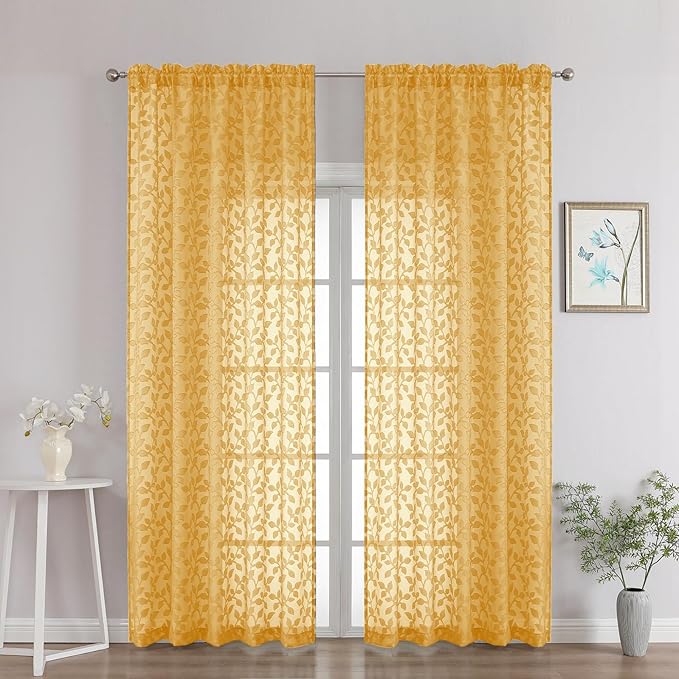 Chyhomenyc Gold Sheer Curtains 90 Inch Length 2 Panels Set, Light Filtering by Chyhomenyc