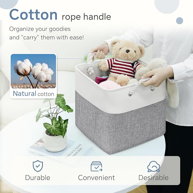 FinishingBo 11 inch Cube Storage Bin with Handles 6 Pack | Foldable Basket, Fabric Storage Bins, Closet Storage, Home Organizer (White/Grey)