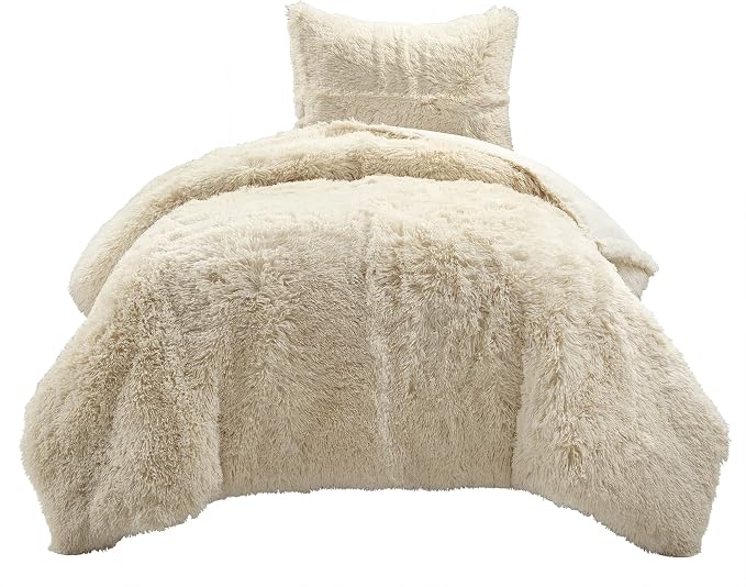 Lush Decor Emma Soft Fluffy Faux Fur Kids College Dorm Oversized Comforter Set, Twin-XL, Wheat - Cute Plush 2 Piece Bedding Set