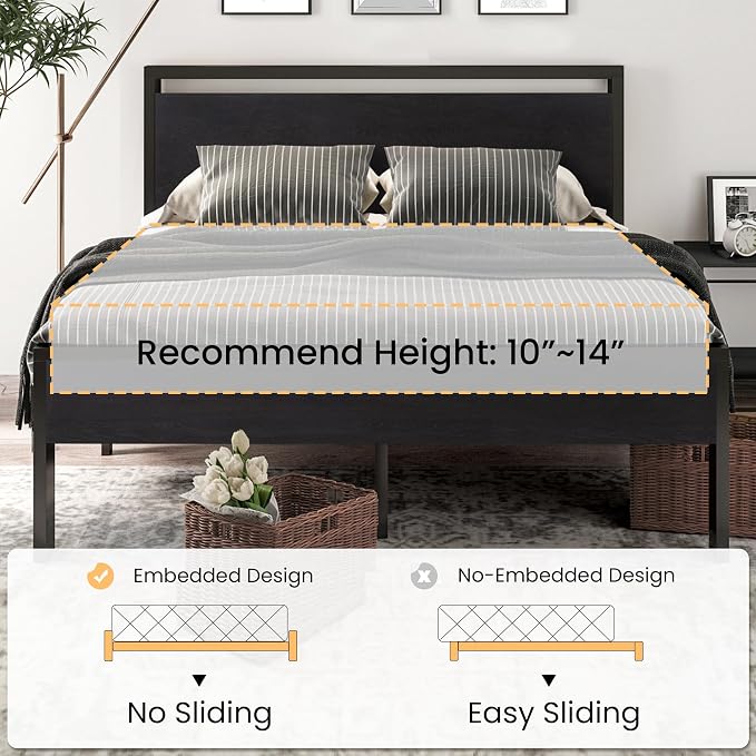 SHA CERLIN 14 Inch King Size Metal Platform Bed Frame with Wooden Headboard and Footboard, Mattress Foundation, No Box Spring Needed, Large Under Bed Storage,Black Oak