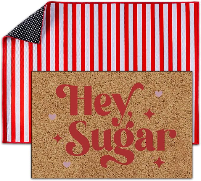 2 Pcs Hey Sugar Door Mat, Valentine Door Mat Valentines Day Welcome Mat Non Slip Coir Doormat Red and White Striped Mat Layering Doormats for Home Bathroom Front Porch Entryway Decor 24"x 32"
