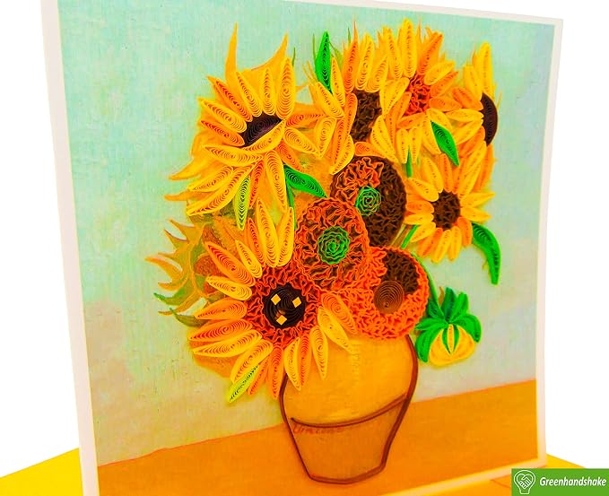 GREENHANDSHAKE Van Gogh's Vase with Sunflowers (1888) Quilling Art Greeting Card,Design Greeting Card for Birthday, Valentine's Day, Get Well, All Occasion. Framable Artwork for Art Lovers