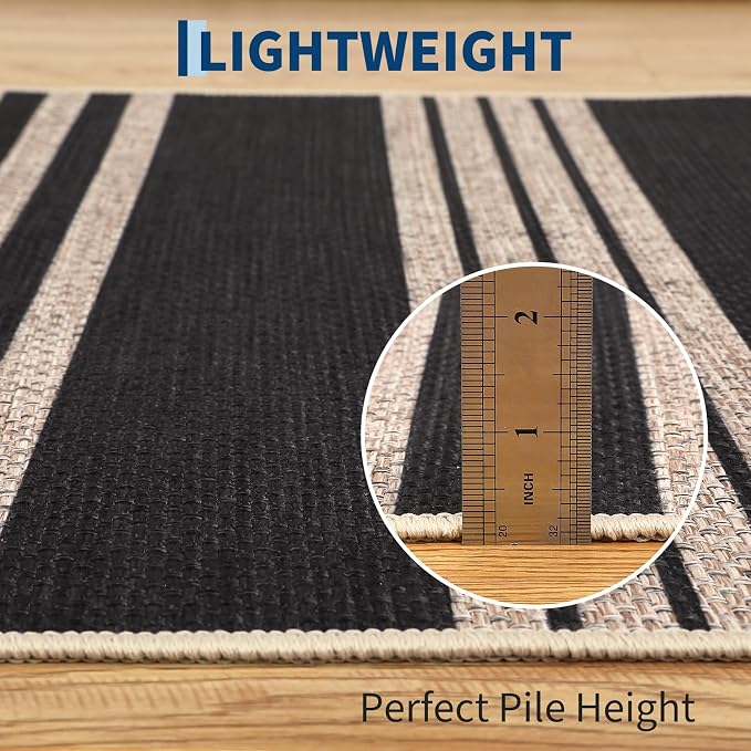 COZYLOOM Striped Easy Jute Rug 4x6 Washable Area Rug for Living Room, Modern Backyard Rugs with Non Slip Backing, Non Shedding Low Pile Neutral Floor Cover for RV, Patio, Bedroom, Black/White