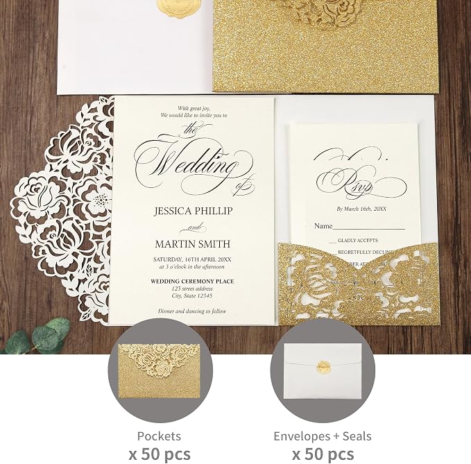 DORIS HOME Laser Cut Wedding Invitation Pockets, Gold Glitter, 5"x7" | 50pcs, With Envelopes, For Wedding & Anniversary, No Inserts Included