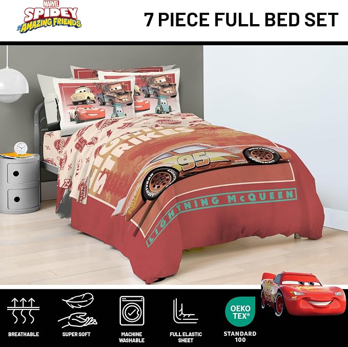 Jay Franco Kids Comforter Set Includes Sheets and Pillow Covers - Soft and Cozy Bed Set for Stylish Room Decor, Official Licensed Bedding, Red - Cars, 7 Piece Full