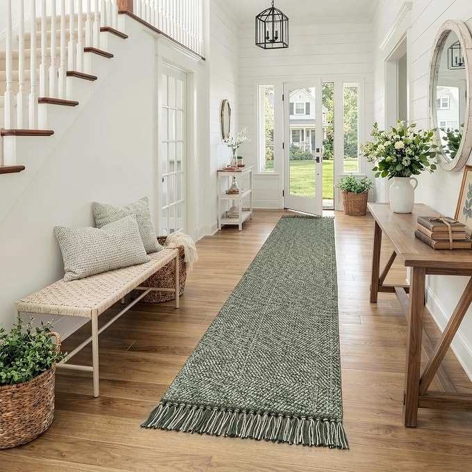 Collive Sage Green Kitchen Runner Rug, 2.6' x 12' Washable Modern Farmhouse Bathroom Runner Rugs, Boho Hand-Woven Entryway Runner Rug Reversible Hallway Carpet for Laundry Bedroom Front Door Decor