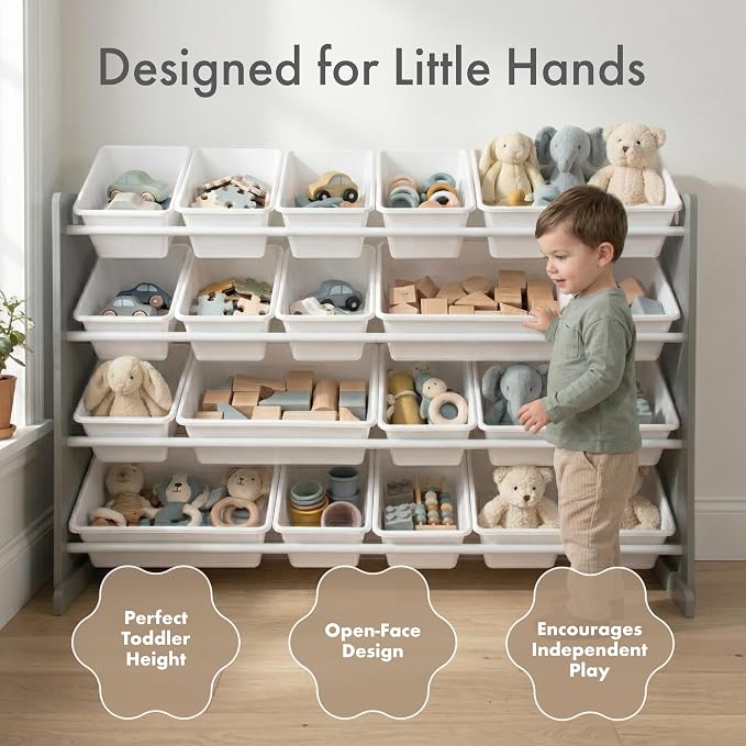 Humble Crew Kids Toy Organizer with 20 Bins, 4 Tier Storage for Playroom | Sturdy wood and steel toddler shelf, removable BPA-free containers, wall anchor anti-tip safety kit for bedroom or classroom
