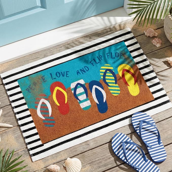 Moucuny 2 Pcs Summer Coir Doormat Outdoor, 16'' x 28'' Beach Mats Peace Love and Flip Flops Welcome Mats, 24'' x 35'' Non-Slip Outdoor Black White Stripe Layered Rug for Porch Front Entryway Decor