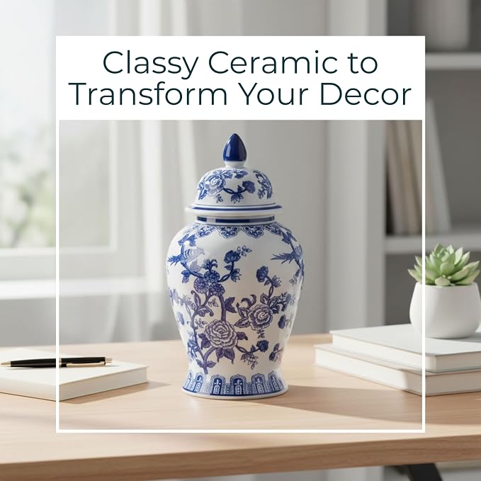 Decorative Ginger Jar for Home Decor – Ceramic Jar With Lid, Chinoiserie Pattern, Large Tabletop Accent for Living Room or Entry Shelf Display, Stylish Centerpiece Decor – 18", Blue & White