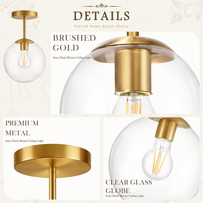 KoKo&Yukina Mid Century Modern Globe Semi Flush Mount Ceiling Light Fixture Clear Glass with Gold Brass Finish Globe Ceiling Light for Aisle Porch Stairway Closet Kitchen Laundry Room(Bulb Incl.)