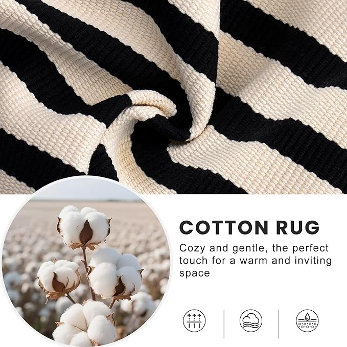 OLANLY Beige and Black Striped Rug 2' x 4'3" (24" x 51") – Washable Cotton Doormat for Indoor Outdoor Use, Layered Front Porch Rug for Entryway, Kitchen, Patio