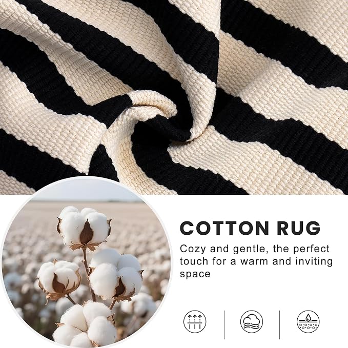 OLANLY Beige and Black Striped Rug 4' x 6' – Washable Cotton Doormat for Indoor Outdoor Use, Layered Front Porch Rug for Entryway, Kitchen, Patio
