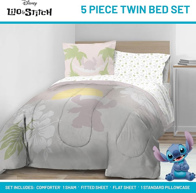 Disney Lilo and Stitch Twin Comforter Set 5 Piece Bedding for Girls, Beige | Bed in a Bag, Comforter Sheets Sham Pillowcase, Official Product, Soft Microfiber, Machine Washable, Easy Care, Girls Gift