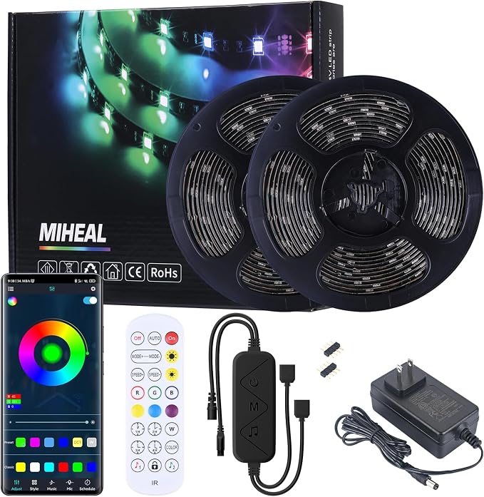 MIHEAL 5050 RGB Black PCB LED Strip 32.8Ft 300Leds Waterproof Kit | Comes with IR remote and power supply, flexible light tape for truck, kitchen, bedroom & indoor home decor