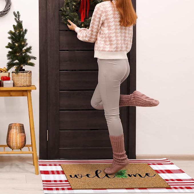 Moucuny 2 Pcs Christmas Doormat Outdoor Christmas Tree Welcome Coir Mat, Red White Plaid Outdoor Rug Non Slip Mats for Entrance Front Porch Decor, 24'' x 35'', 16'' x 28''