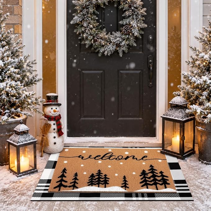 Tinideya 2 Pcs Door Mat Welcome Non Slip Coir Mats Floor Layering Doormats Seasonal for Front Porch Entryway Decor(Snowy Tree)