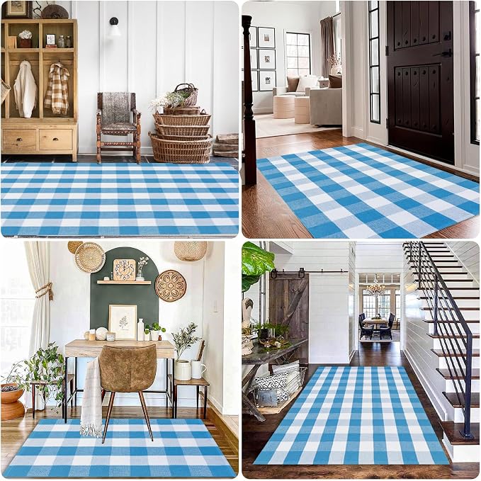 Spring Rugs Blue and White Plaid, 28” x 43” Area Rug Outdoor Indoor Summer Front Porch Doormat Cotton Hand-Woven Layered Door Mats for Entryway Patio Entryway Laundry Bedroom